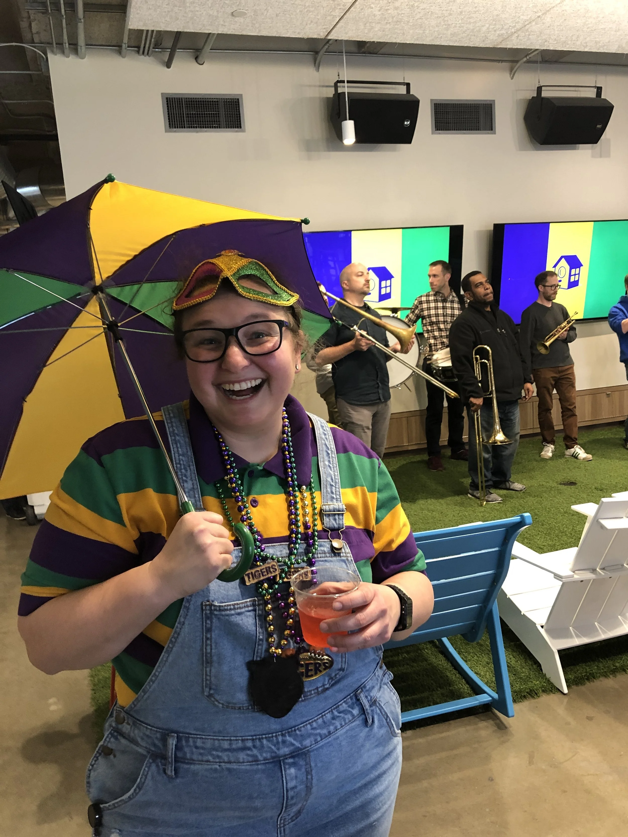 Meredith enjoying the Mardi Gras festivities at our office party in Austin.
