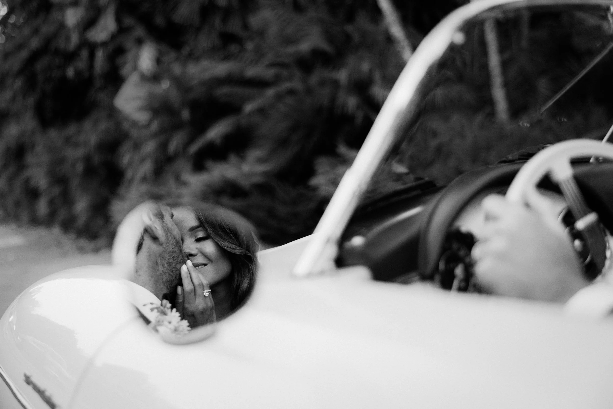 Santa Barbara Wedding Couple rent a car after their wedding and go for a drive with Rewind Photography