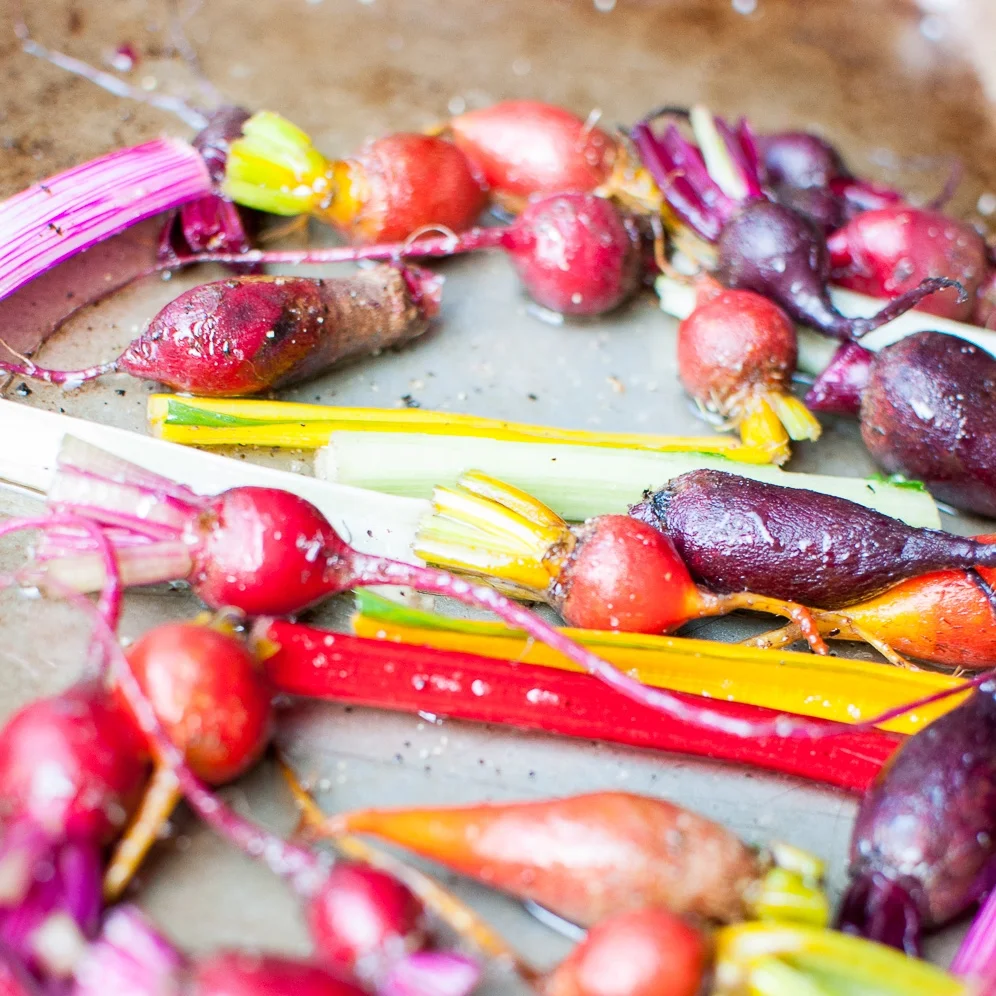 roasted baby beets and rainbow chard with lemon and goat cheese