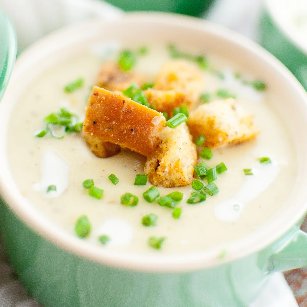 leek + potato soup with cheesy garlic croutons