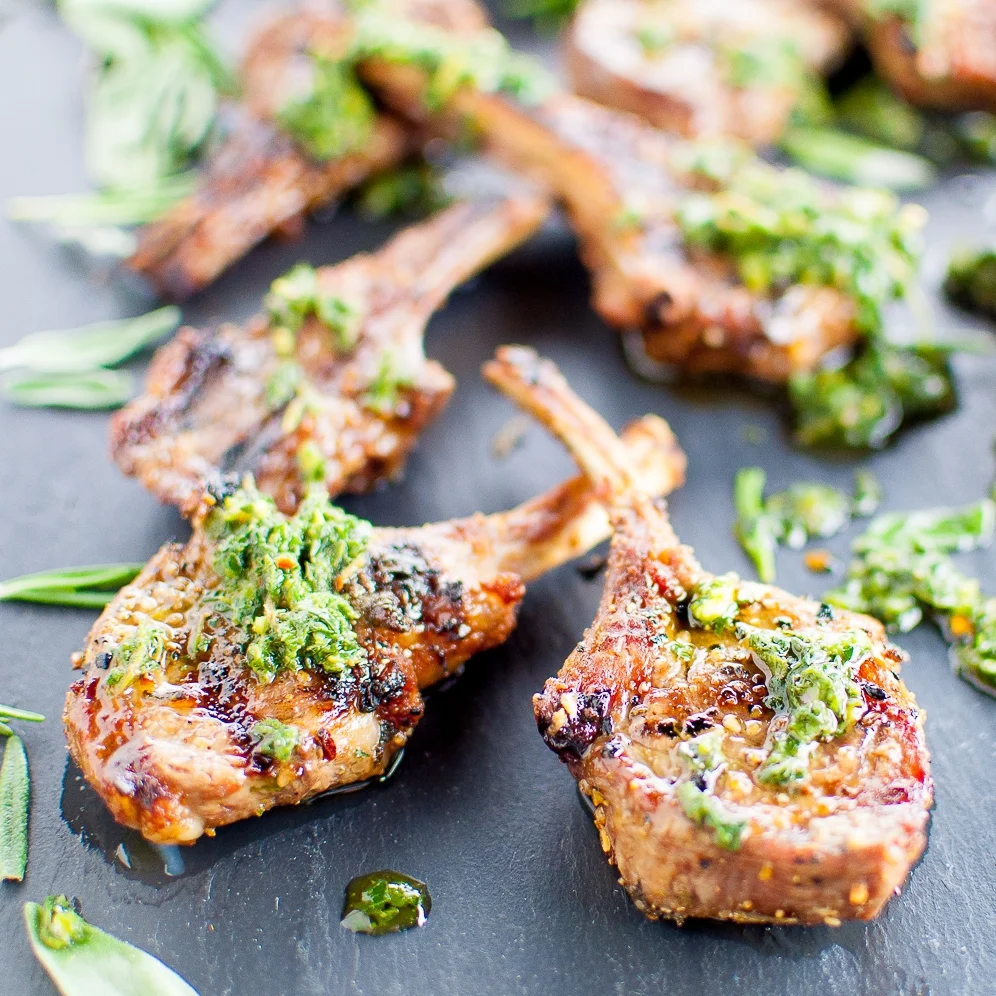 roasted garlic, rosemary and sage rubbed lamb chops + mint chimichurri
