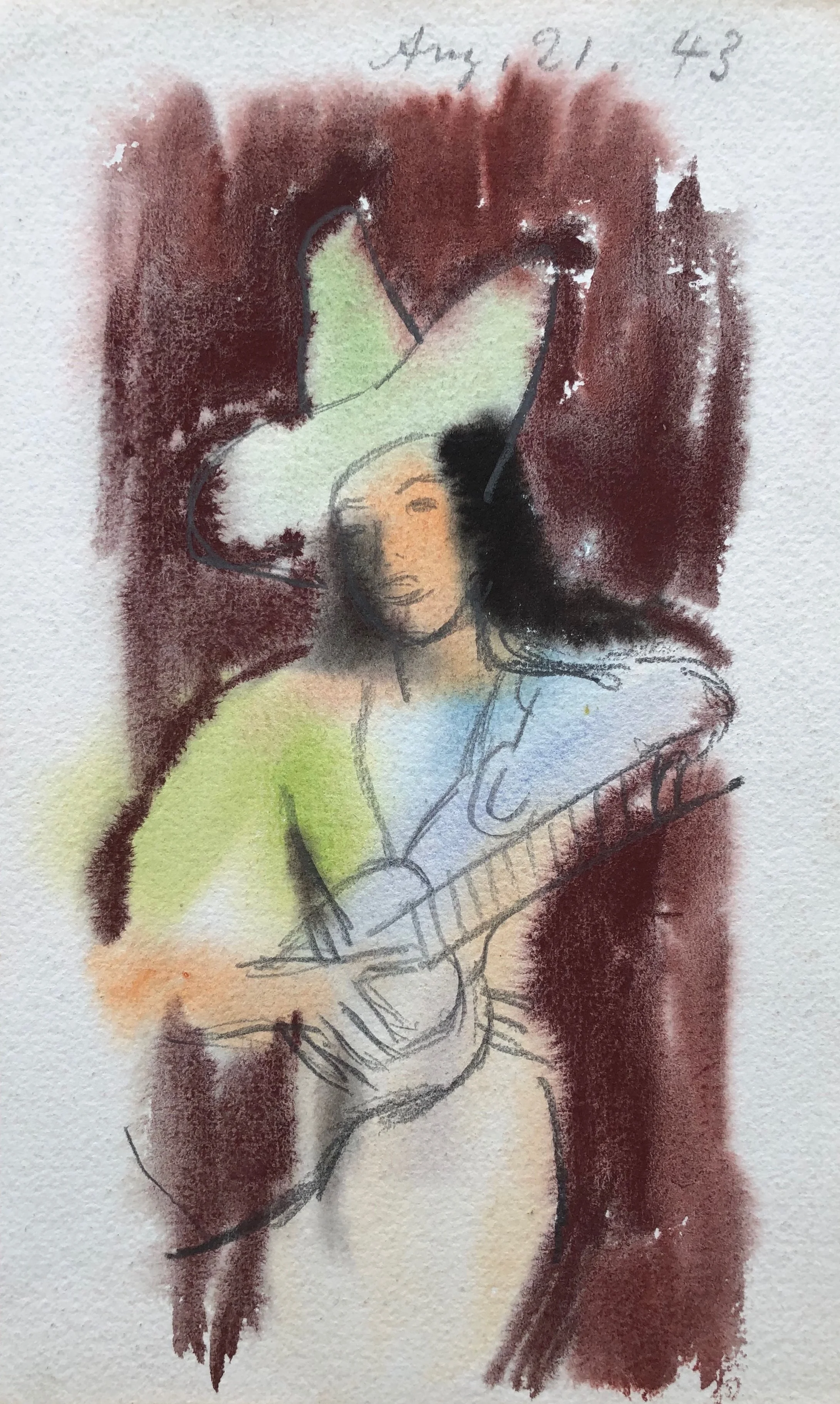Woman with Hat and Guitar