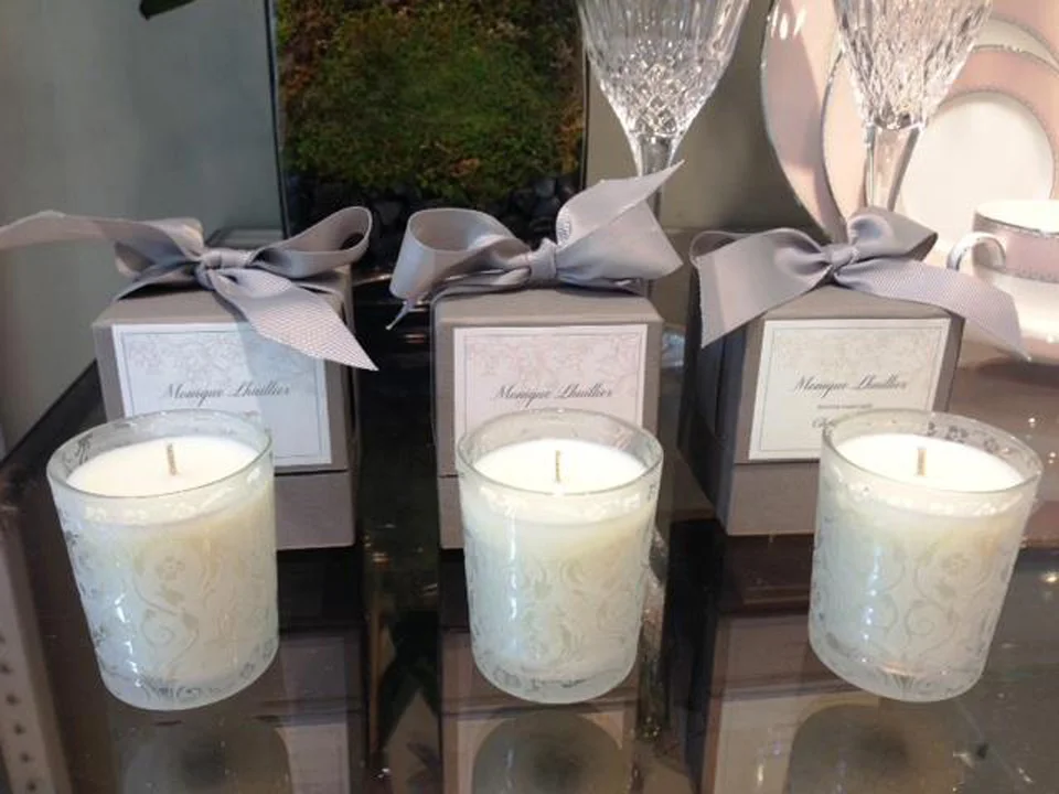 Not only do these candles smell delicious but how cute are they! They would look perfect in any bridesmaids living room and I'm sure she will thank you for how awesome it makes her house smell! These Monique Lhuillier candles are available at Big Rock Bridal Atelier! 
