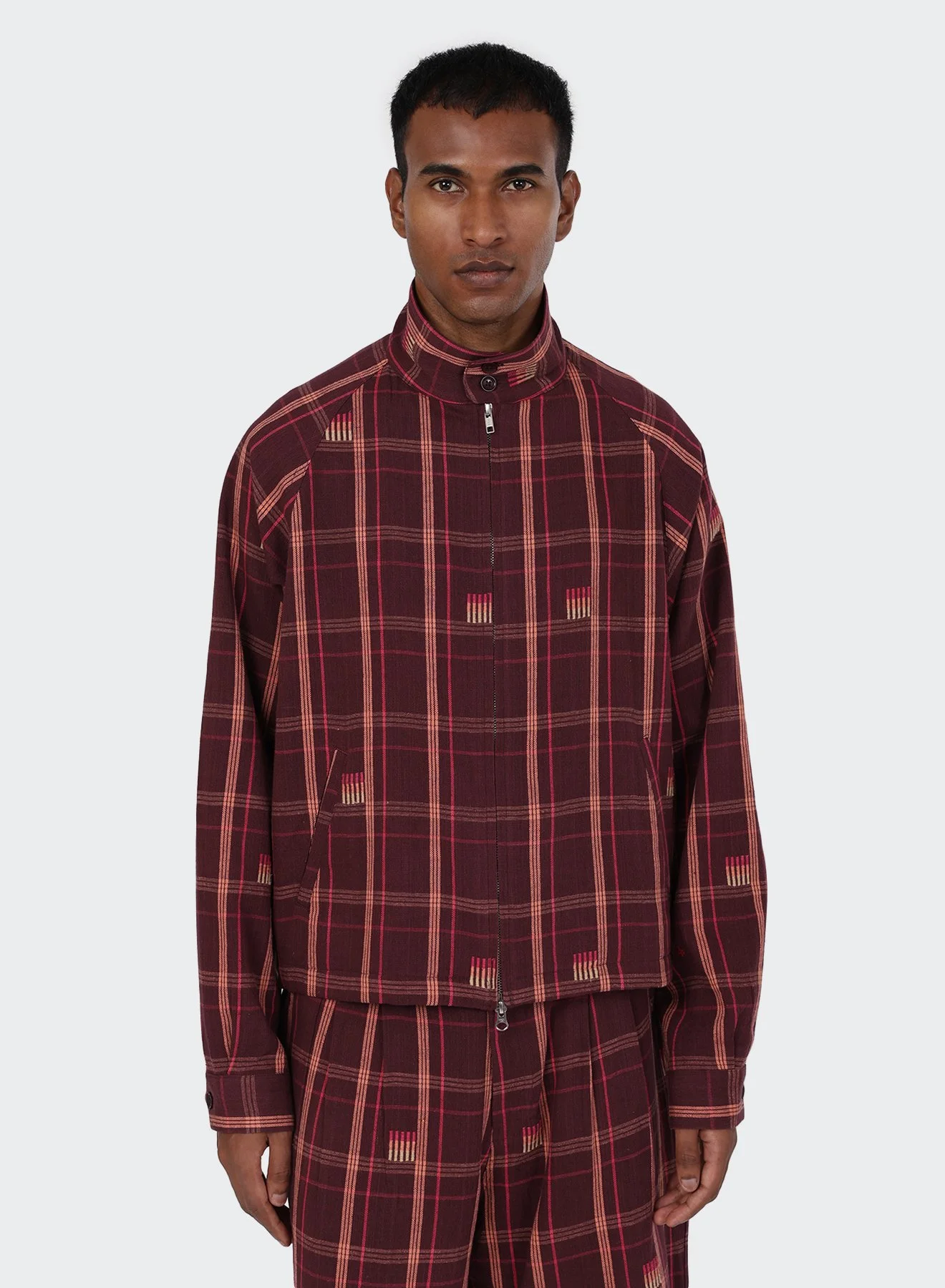 Kardo_Stanley_Zip_Jacket_WW02_Handloom_Ikat_Cotton_Plum_Red_Burgundy_1.jpg