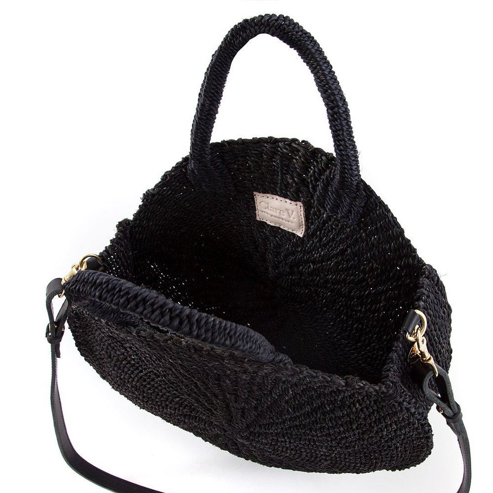 Clare V. Woven Moyen Alice Abacá Handle Bag - Black Handle Bags