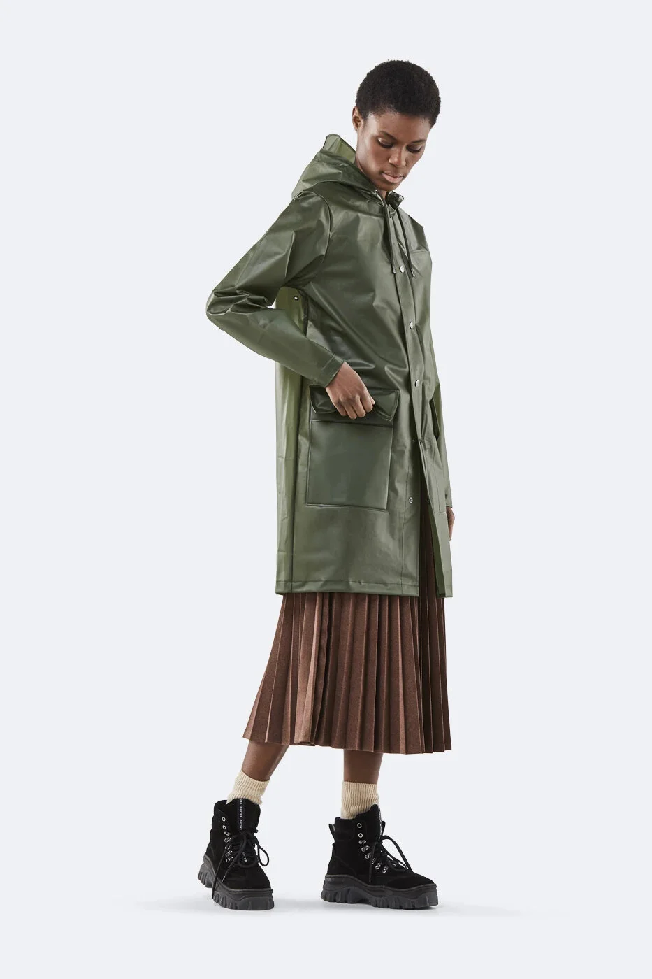 Rains Hooded Coat in Foggy Green 