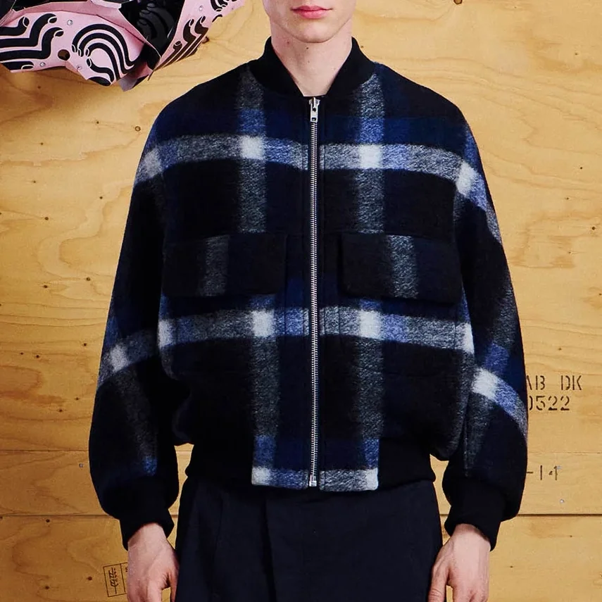 Henrik_Vibskov_Merry_Bomber_Dark_Blurry_Checks_Blue_Black_Wool_2a.webp