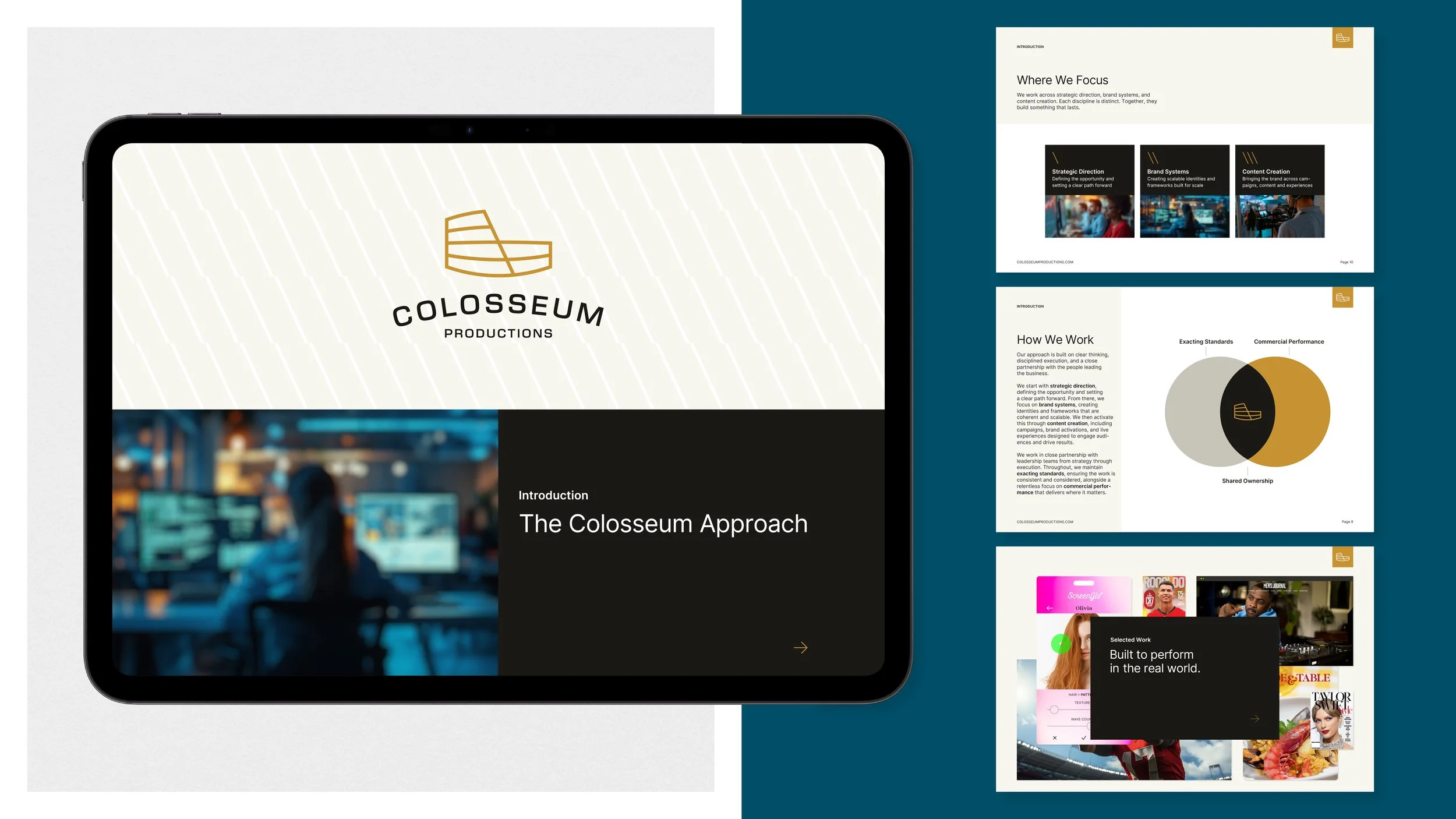 Colosseum Productions presentation system showing branded client introduction, capabilities and selected work layouts.
