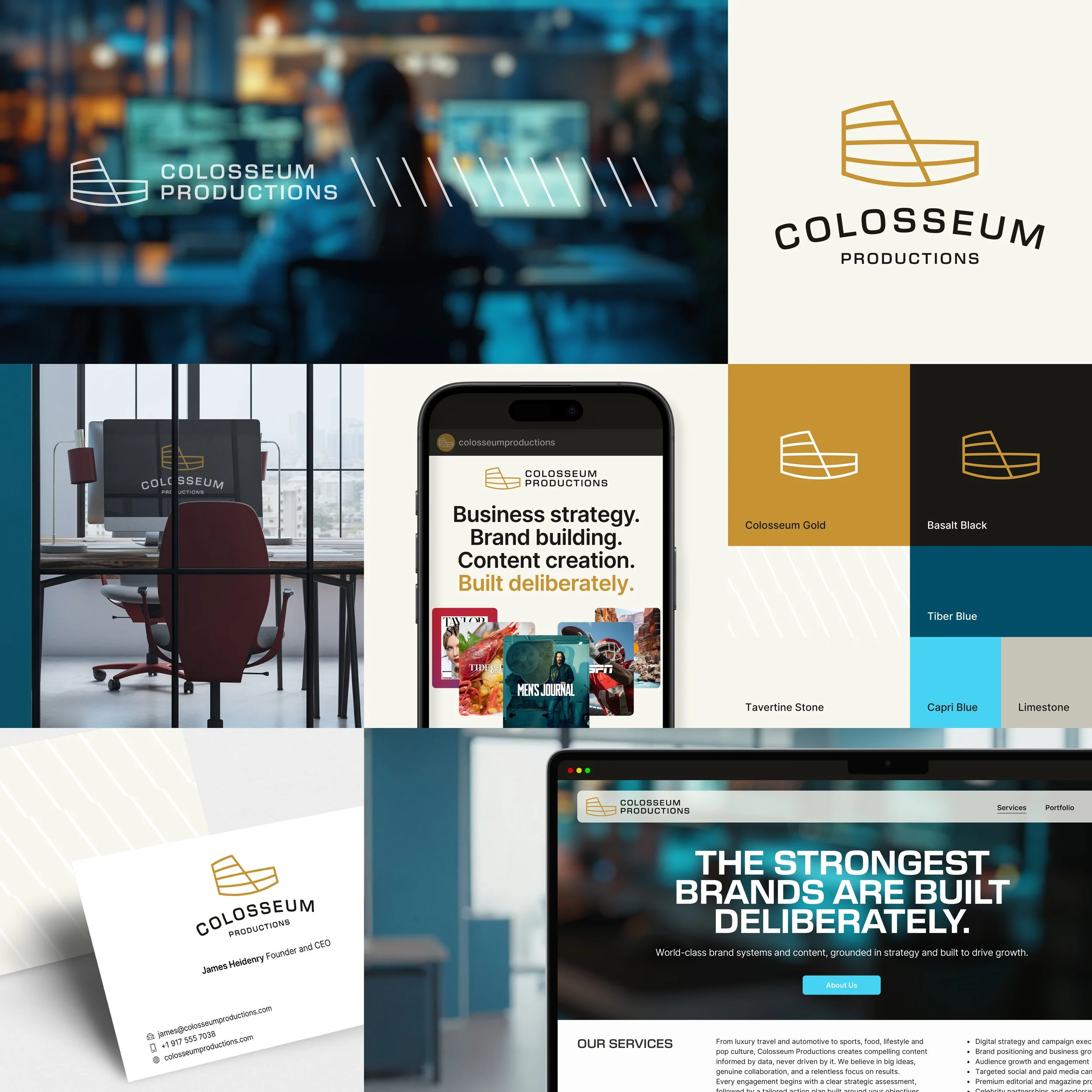 Colosseum Productions brand system showing logo, color palette, website, social media and business applications.