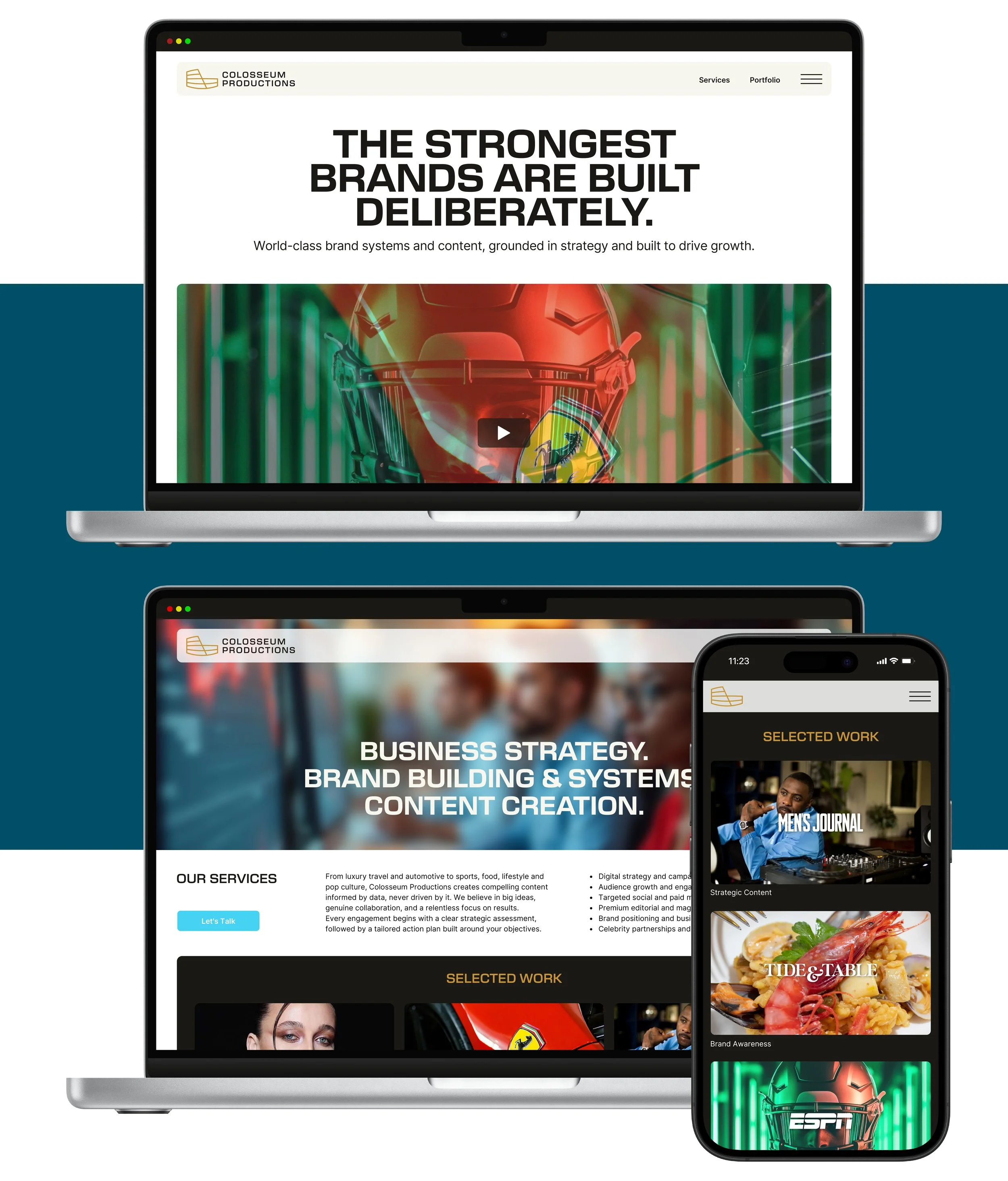 Colosseum Productions responsive website design shown across desktop and mobile devices.