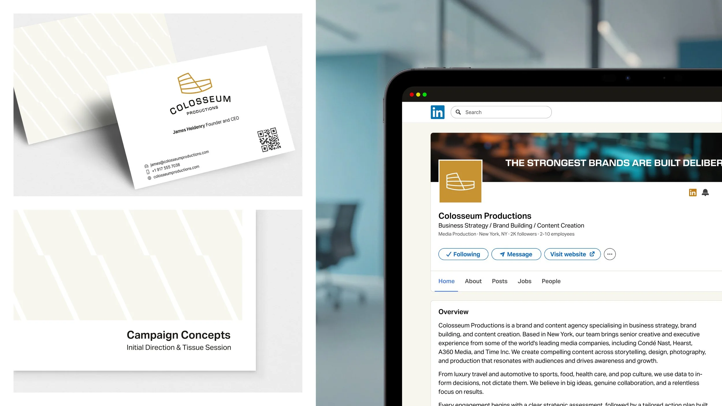 Colosseum Productions business communications including business cards, presentation materials and LinkedIn branding.