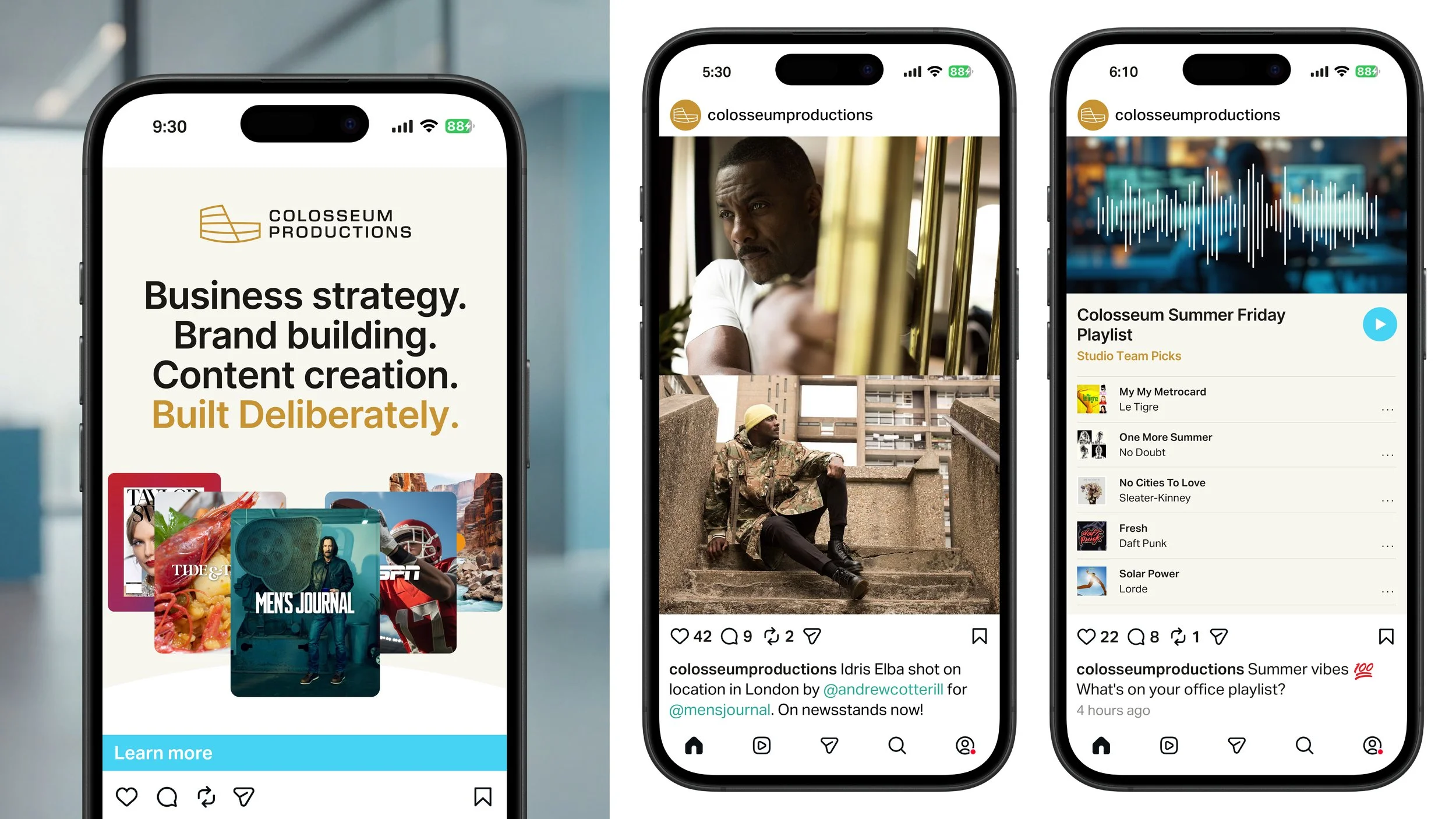 Colosseum Productions social media system shown across branded Instagram content and editorial posts.