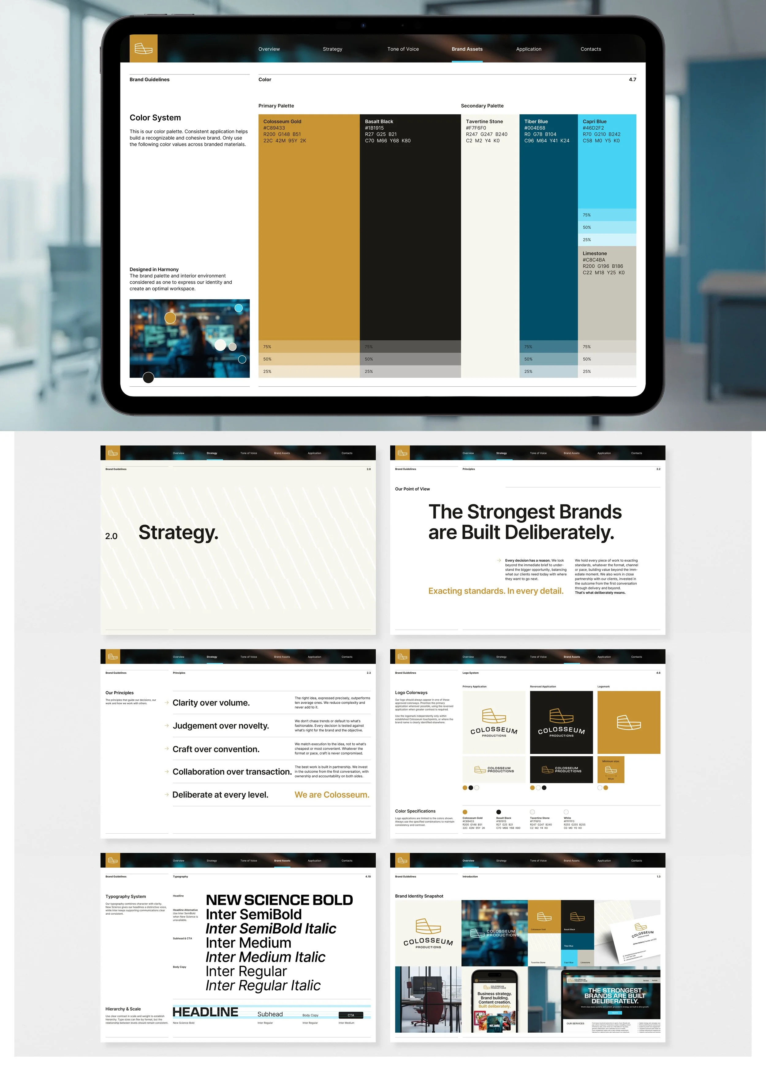 Colosseum Productions brand guidelines showing strategy, principles, logo, color and typography systems.