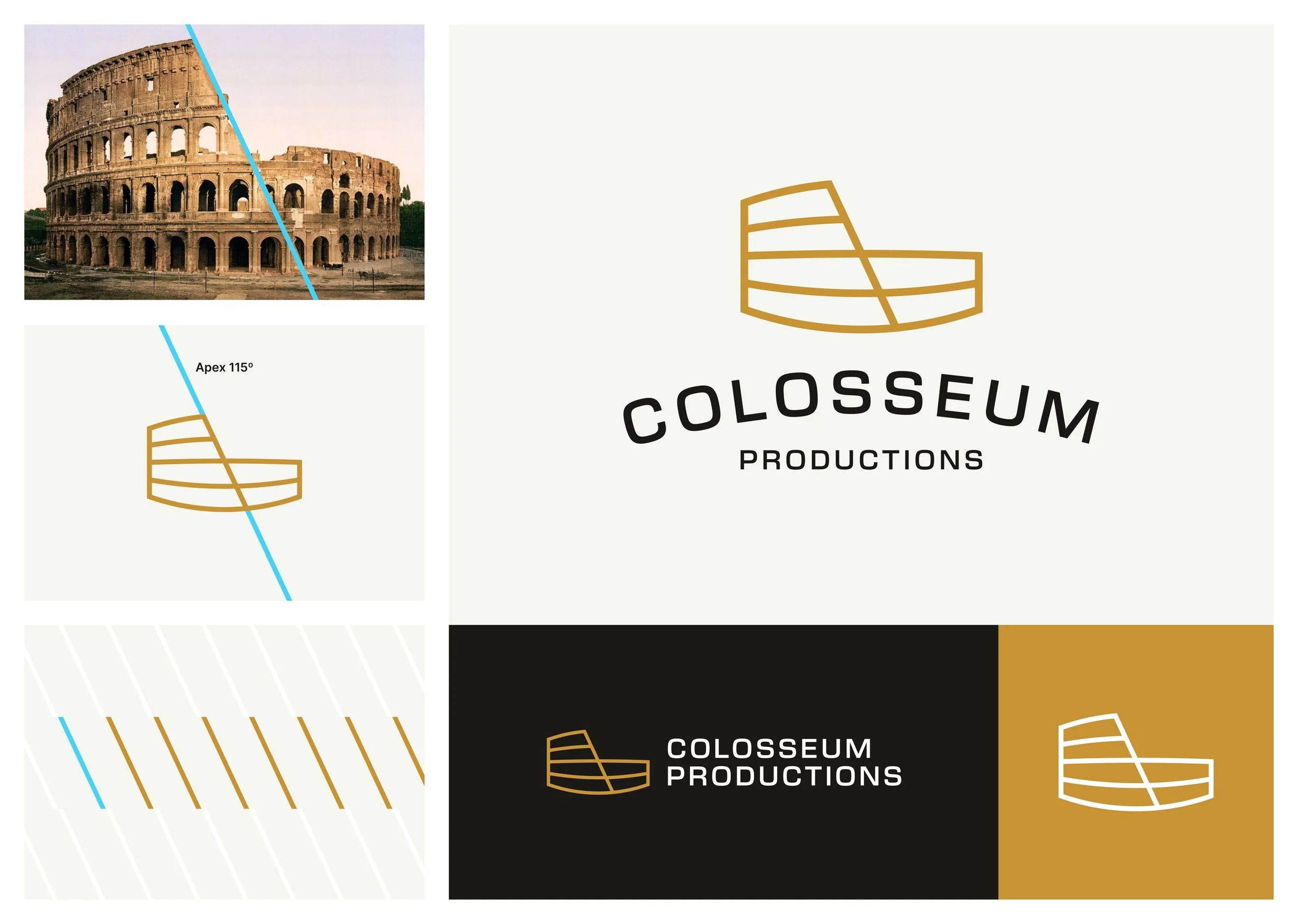 Development of the Colosseum Productions logo, inspired by the geometry of the Roman Colosseum, alongside the graphic pattern system.