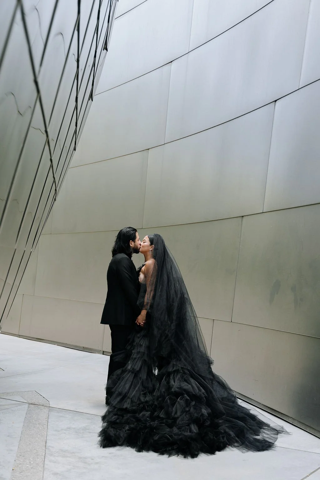 black wedding dress, black tux, black theme, black wedding
