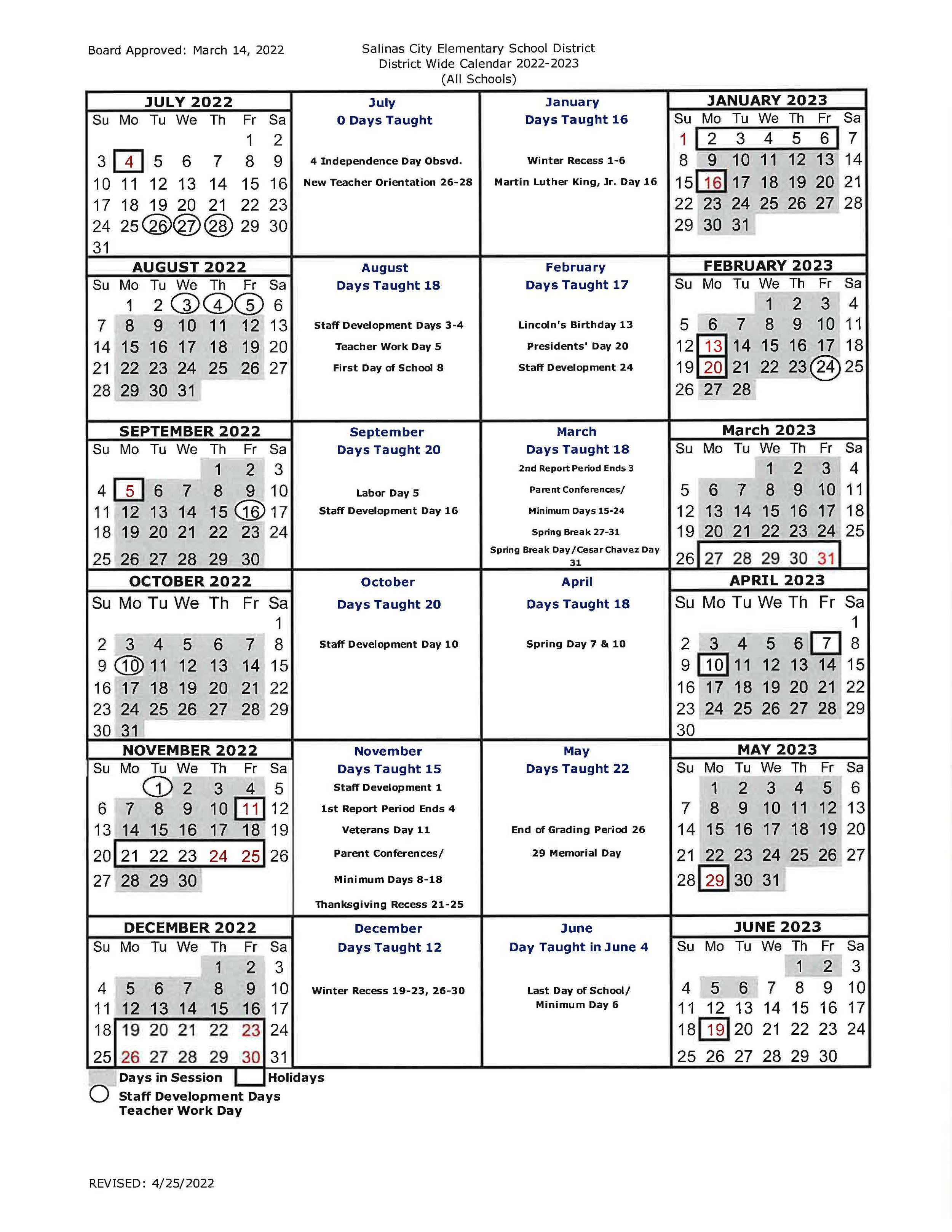 Salinas City Elementary School District Calendar 20232024
