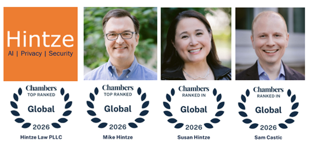 2026 Hintze Logo, Headshots of Mike Hintze, Susan Hintze, and Sam Castic and 2026 Chambers Logos