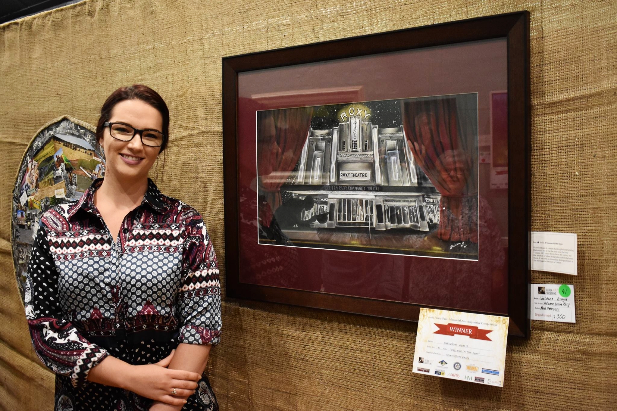 Winner 'Arts Acquisitive Prize' Sheldene Visagie with her artwork 'Welcome to the ROXY'