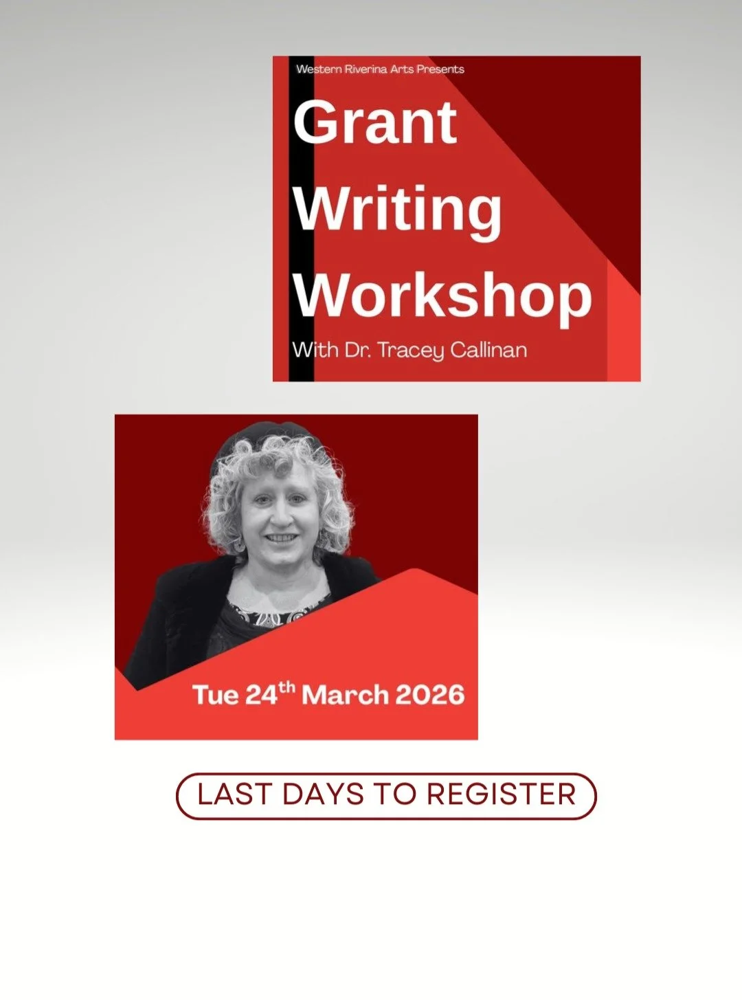 Looking to learn all things grants and applications in today&rsquo;s arts and cultural funding landscape?

Grant Writing Workshop with Dr. Tracey Callinan

Last chance to register!
https://events.humanitix.com/grant-writing-workshop-tzb92x4k

DOORS O