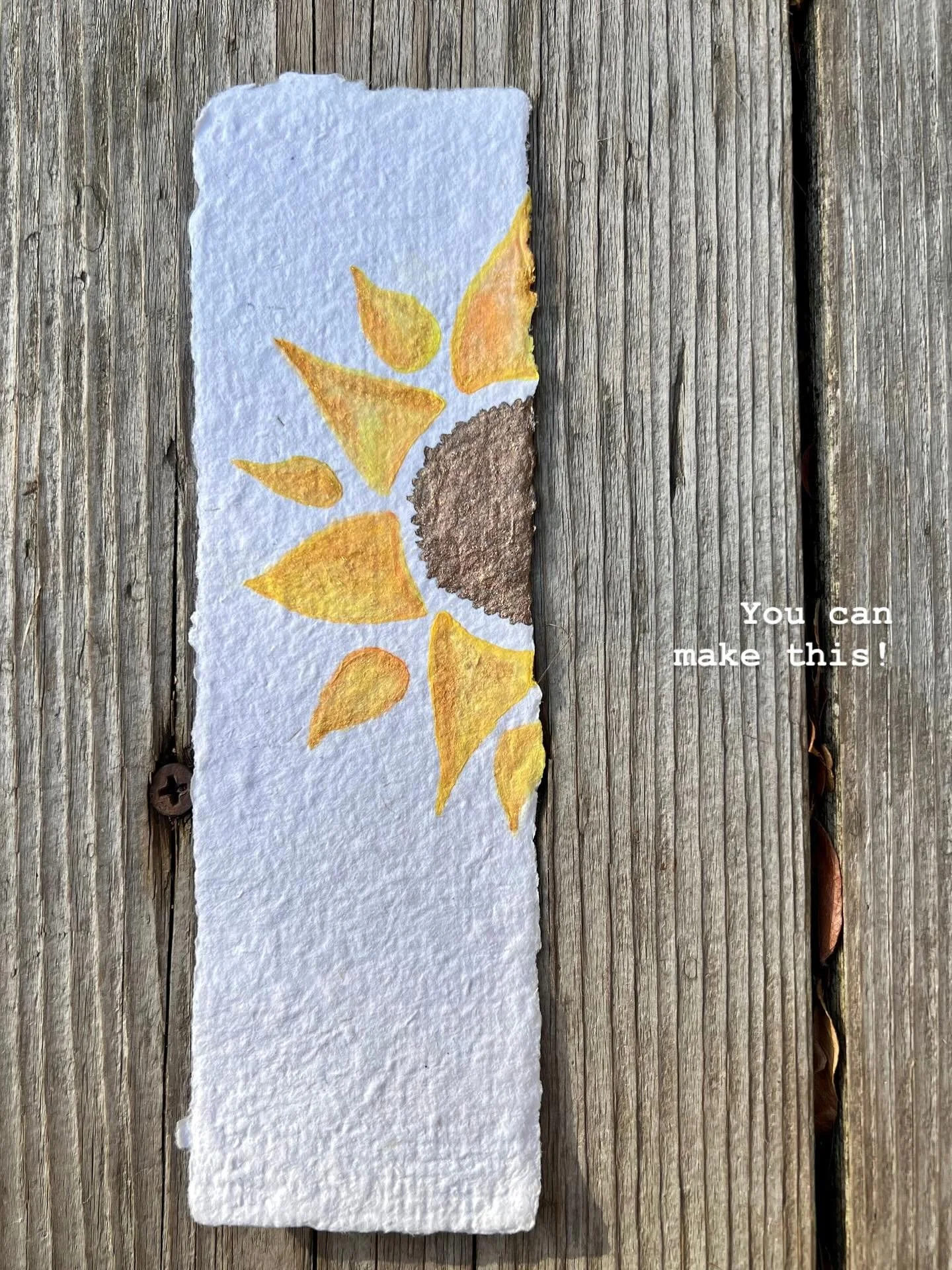 I love how this sunflower bookmark turned out! 
This was made with recycled paper on my bookmark size mold and deck set. Several of my papermaking kits including this set are on sale right now on the WoodenDeckle Etsy shop.
Happy creating!
