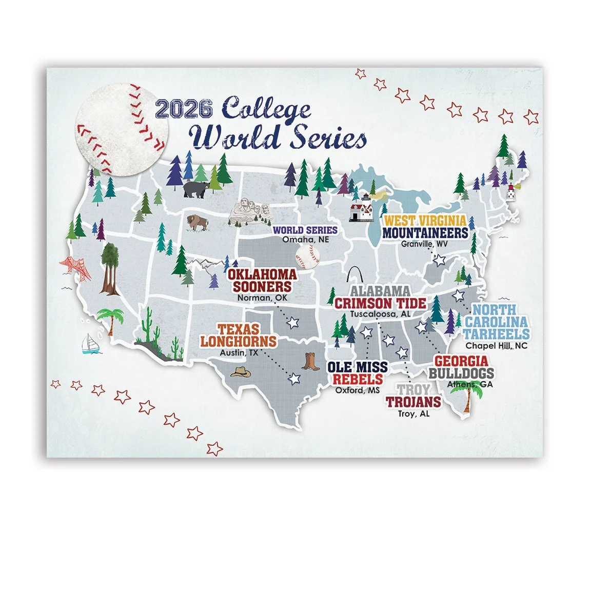 NCAA World Series Baseball stadium travel map. Features all 8