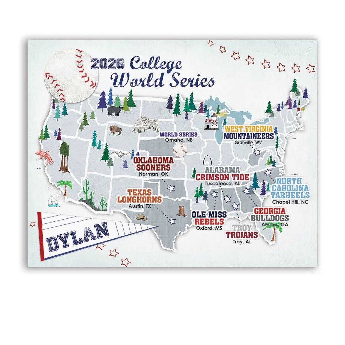 NCAA World Series Baseball stadium travel map. Features all 8