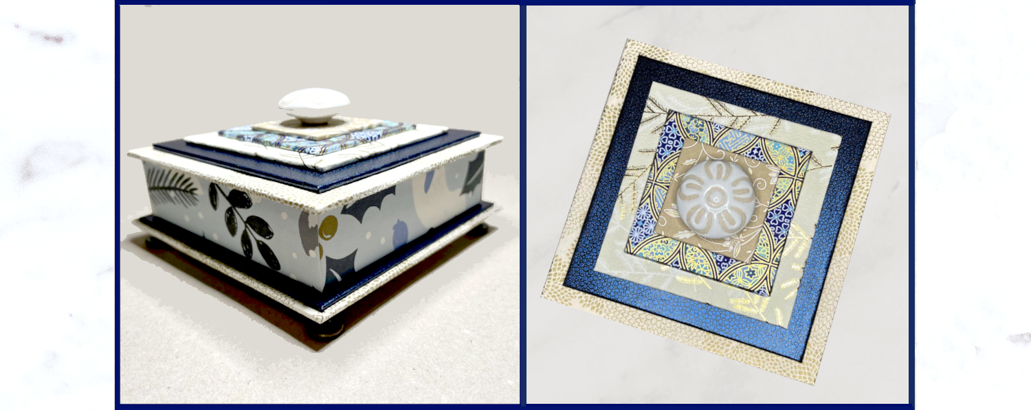 Square Blue Cream White Gift Box, Porcelain Knob, Antiqued Brass Feet
