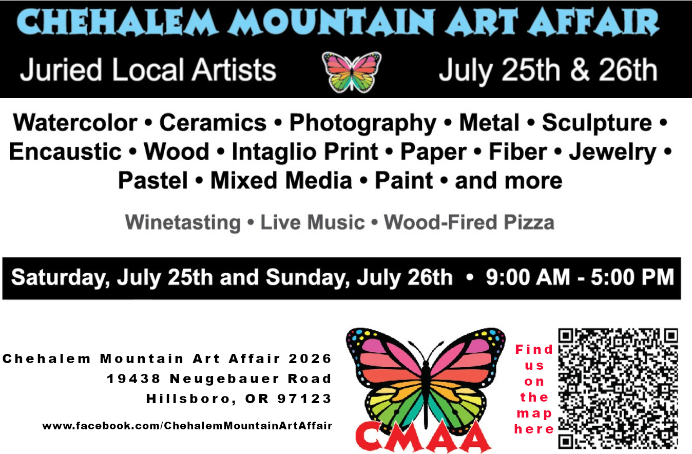 Chahalem Mountain Art Affair flyer with a colorful butterfly logo included
