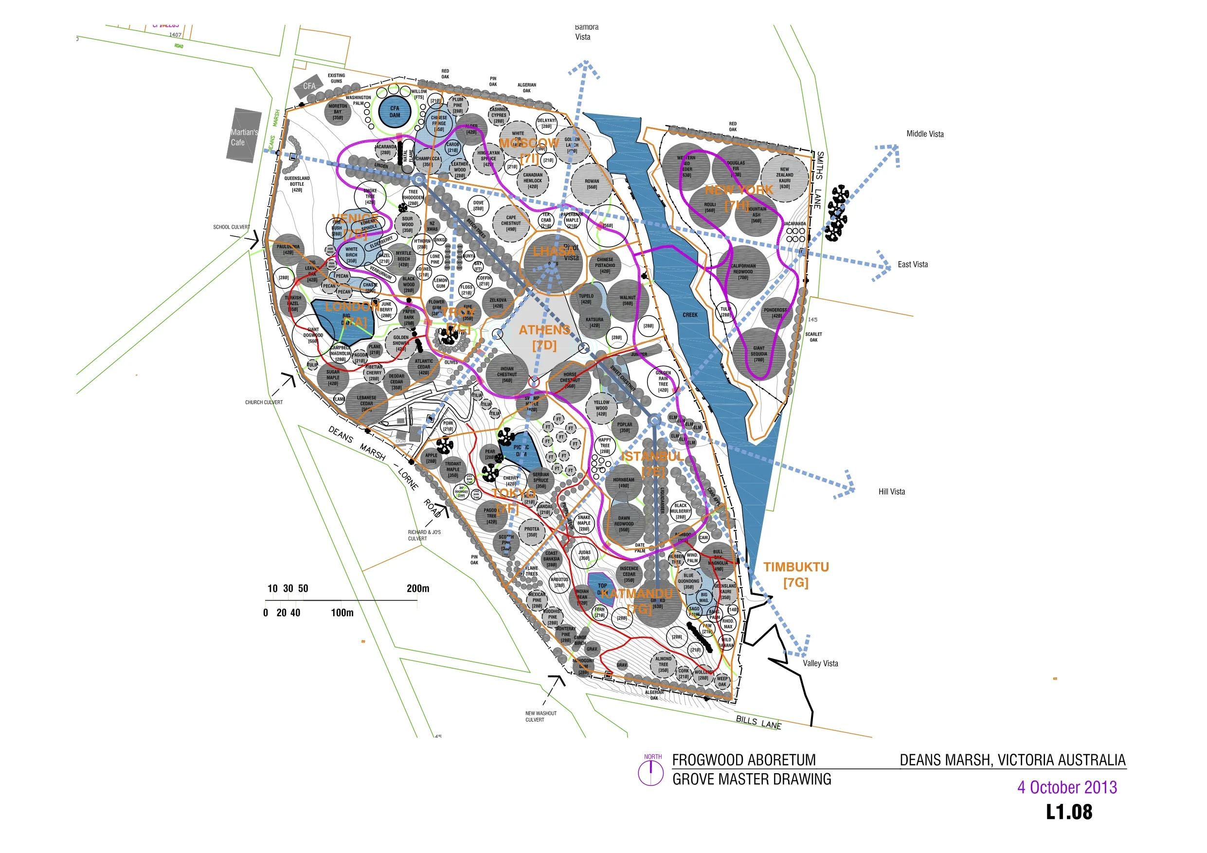 This map shows the location and species of all the proposed groves of trees in the Arboretum