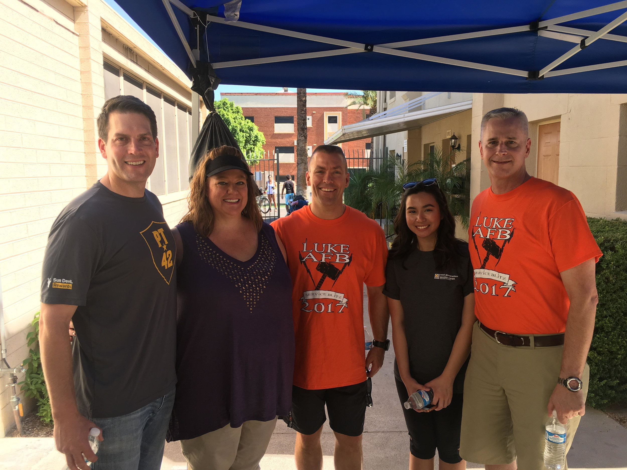 From Left to Right: Brett Hunt, Exec Dir of the Public Service Academy at COPSCS/ASU; Kim Davidson, Heat Respite Coordinator; Brigadier General Brook Leonard, Commander of the 56th Fighter Win/LukeAFB, Anita Le, NGSC/ASU; and Lt. Col Rhett Hierlmeier, Dir of Ops for the 56th Operations Group/Luke AFB. 
