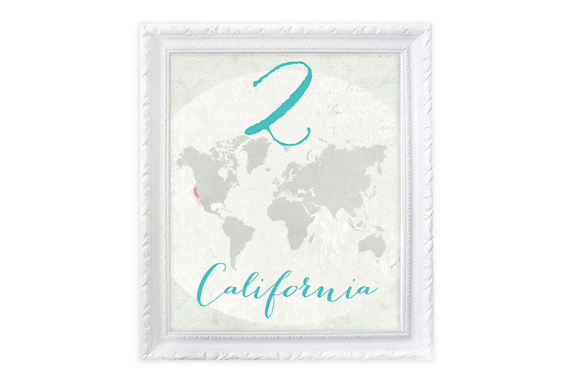teal table cards, table numbers, table card design, teal wedding decor, world map table card, map table cards