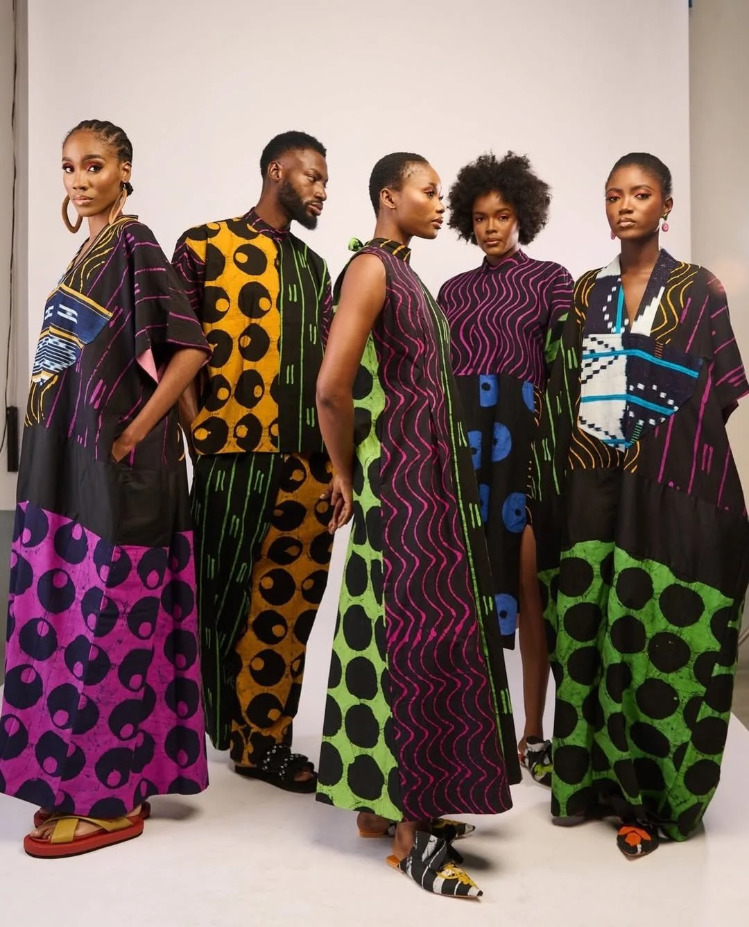 Models wearing designer garments using traditional tie-dyeing techniques
