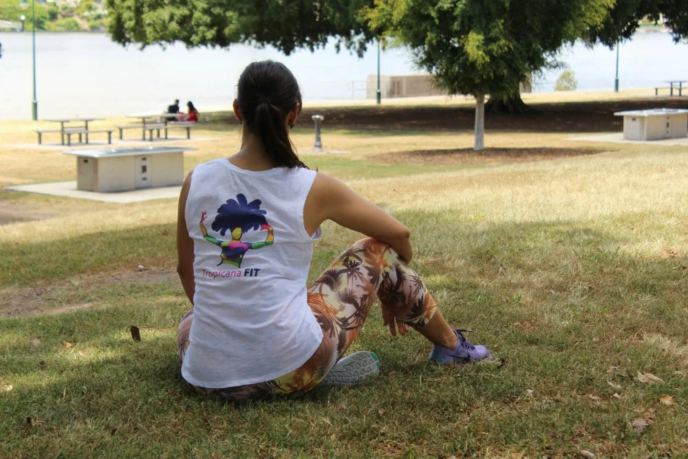 Daniela wears one of her Tropicana Fit t-shirts which reads in the front ... STRONG SAMBA BODIES!
