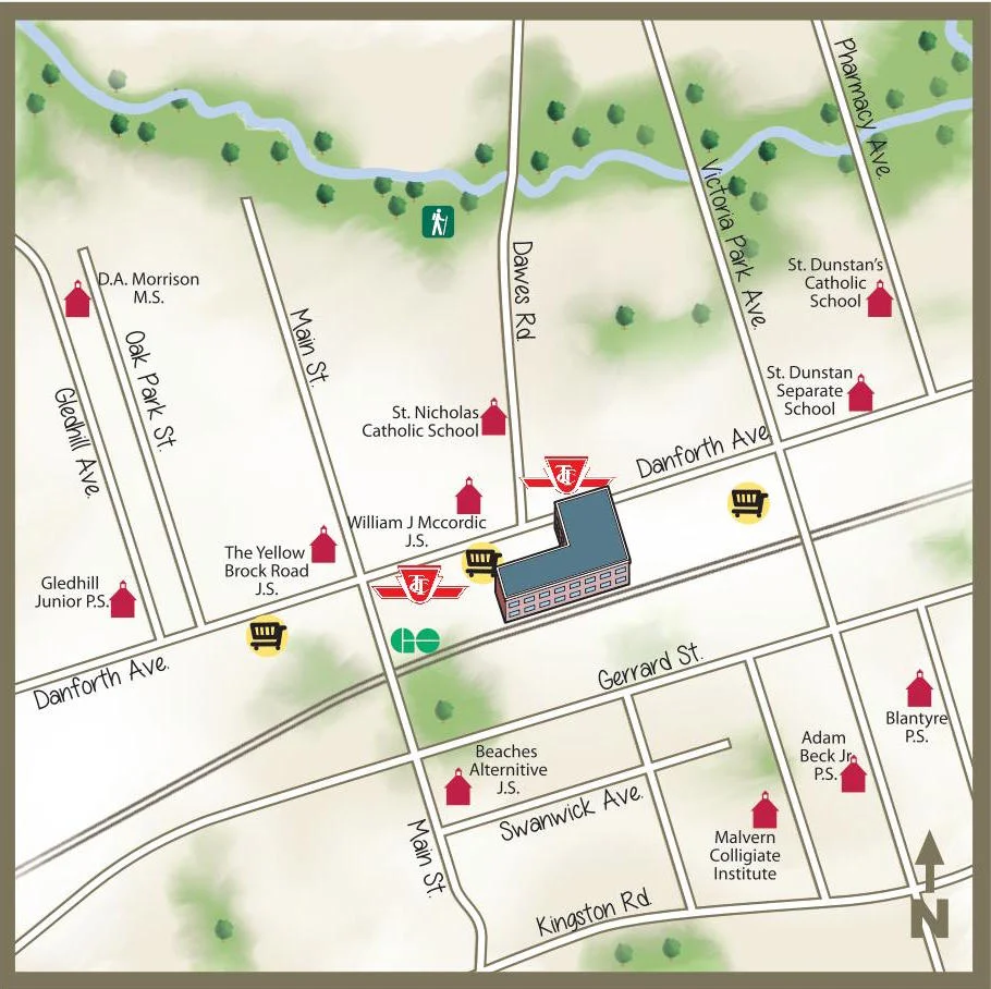 illustrated map of danforth area toronto main streets