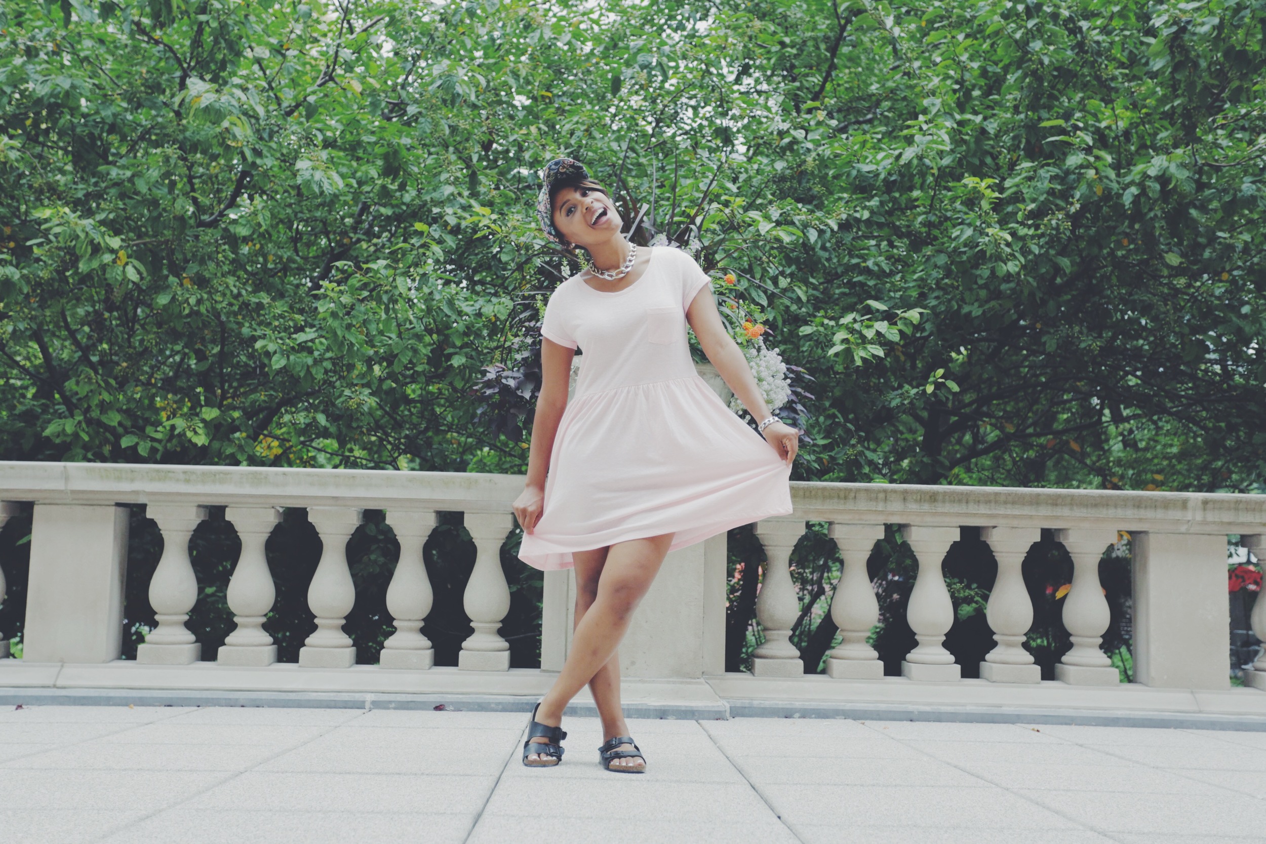 Hat: Flea Market/ Necklace: Thrifted/ Dress: H&M/ Shoes-Topshop/ Watch: Anne Klein