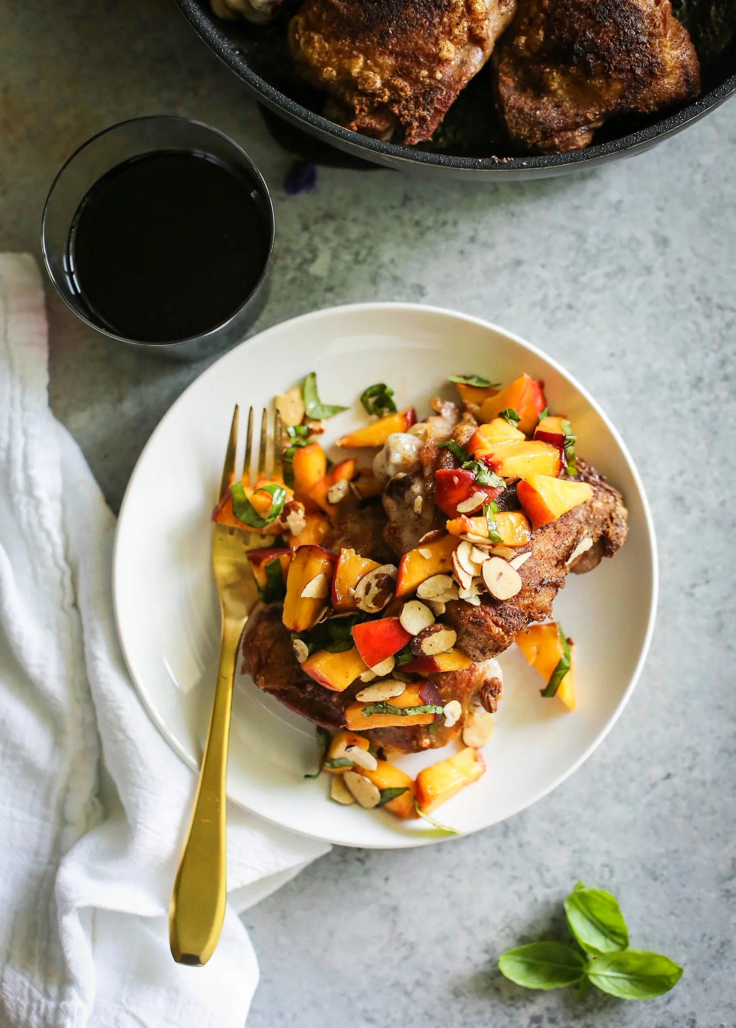 Crispy Cinnamon Spiced Chicken Thighs with Peach Basil Salsa
