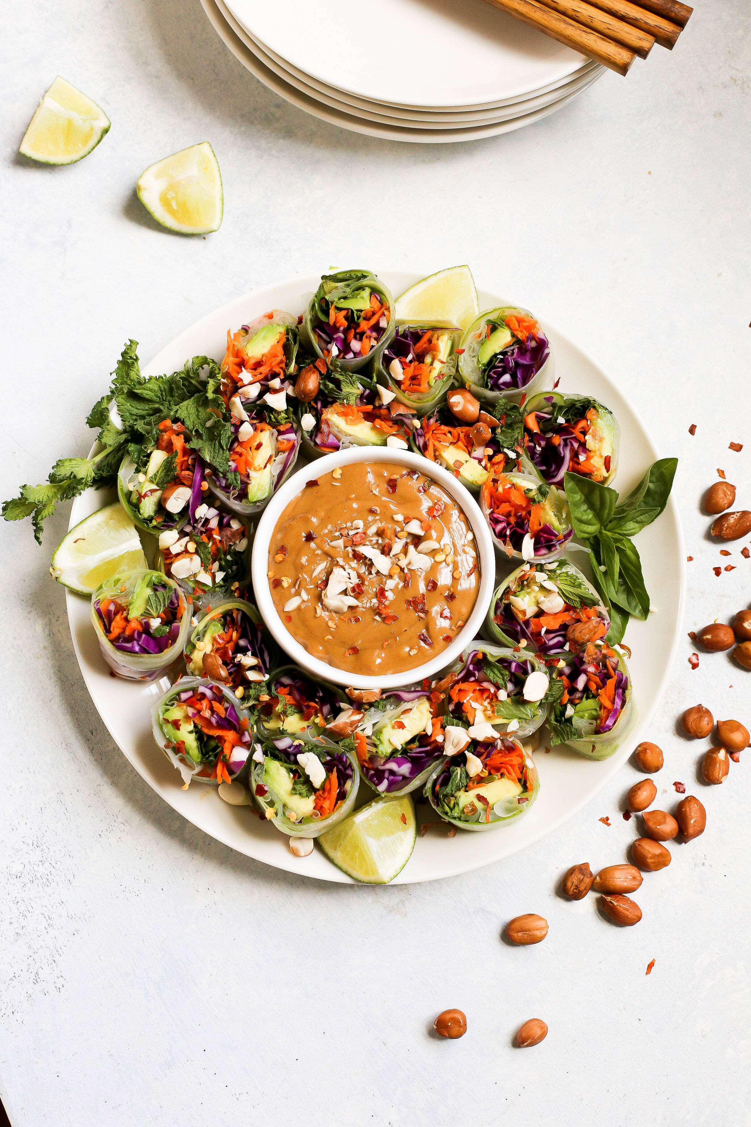 Fresh Veggie Spring Roll Bites with Peanut Dipping Sauce