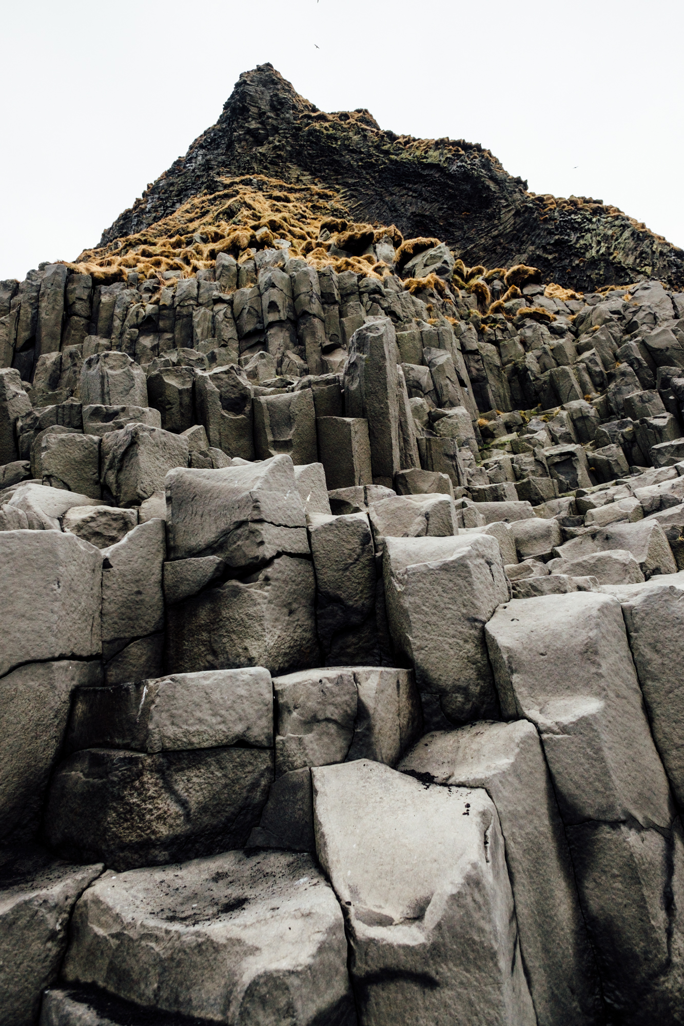  A better view of the basalt columns at Reynisfjara. The columns are formed by  fractures from slow-cooling lava. 