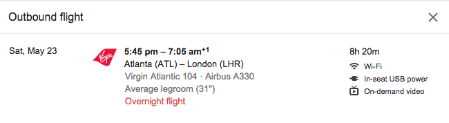 Google Flights flight detail view