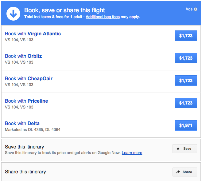 Google Flights gives you several choices once you choose your flights