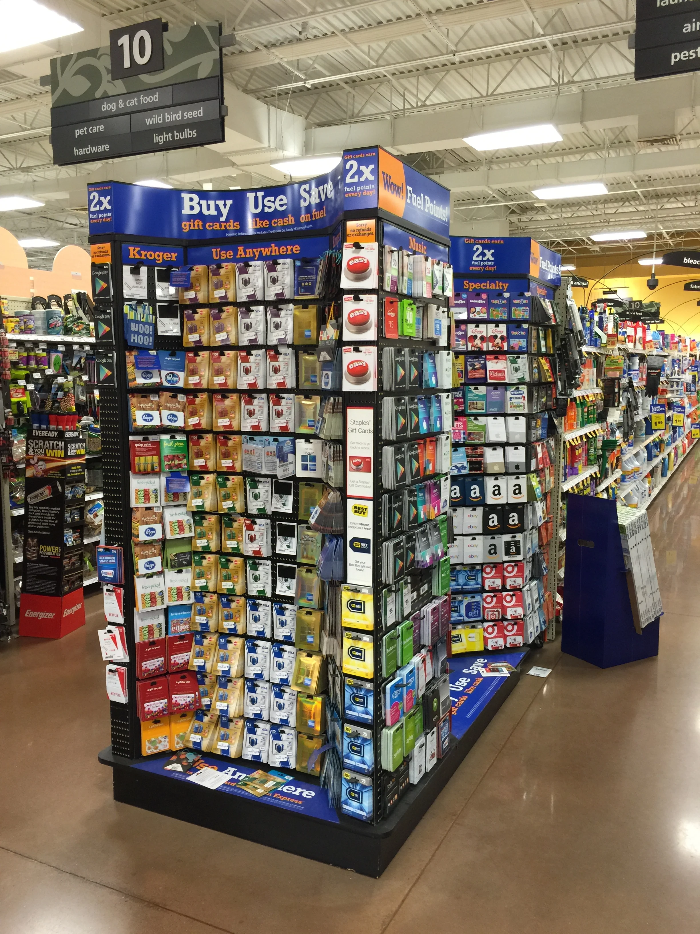 Kroger sells a very large selection of gift cards from a broad variety of companies (click to enlarge)