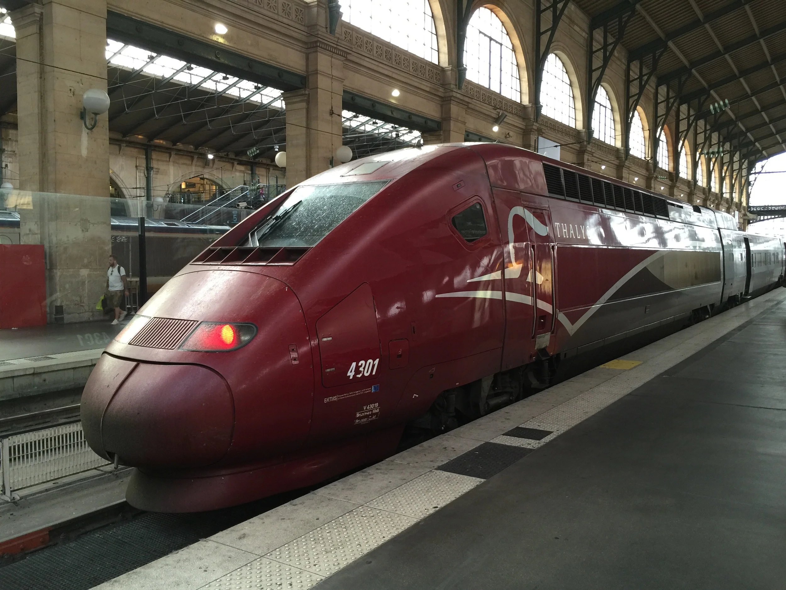 Thalys high-speed train at Paris's Gare du Nord station after arrival from Cologne, Germany