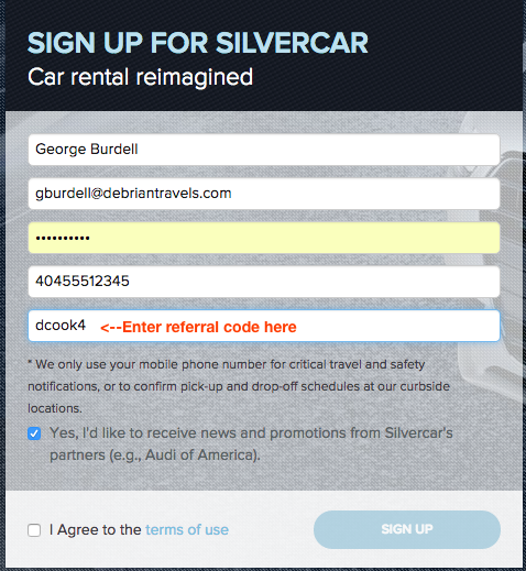 Enter referral code when you signup for a Silvercar account so you and your referrer receive $25 upon your first rental! (click to enlarge)