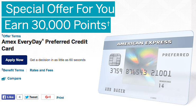 American Express is offering 30,000 points on the Everyday Preferred card for new customers