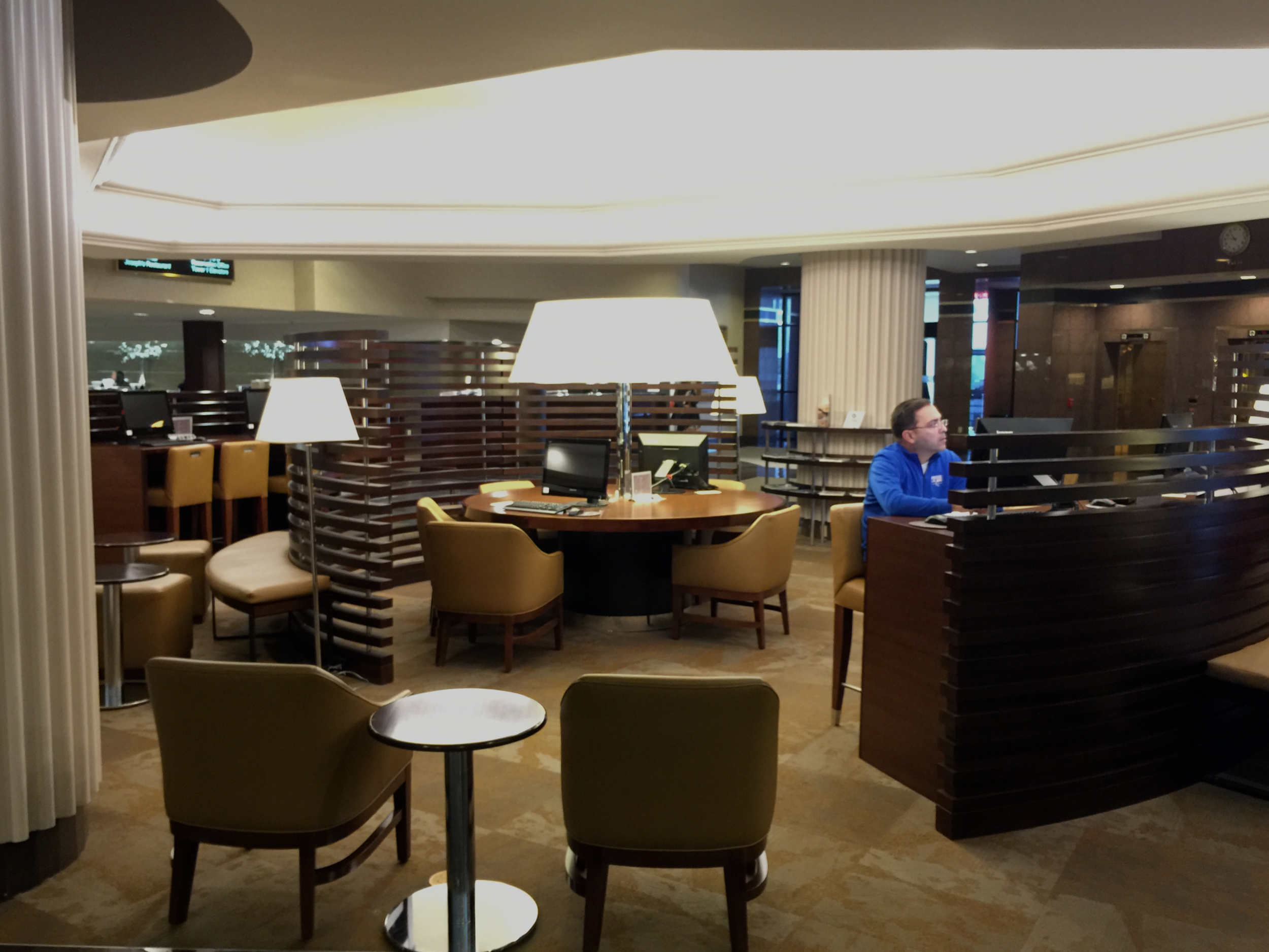 The lobby business center offers computers and space for light work