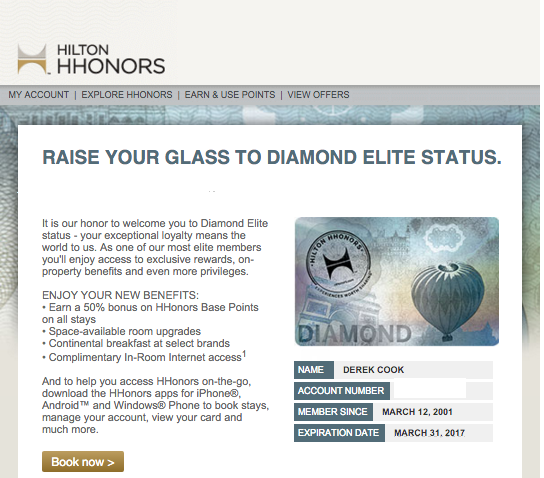 I have been status matched to Hilton HHonors Diamond Elite status through March 31, 2017!