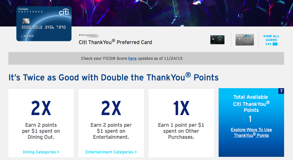 The Citi ThankYou Preferred Card earns 2x points on Dining and Entertainment