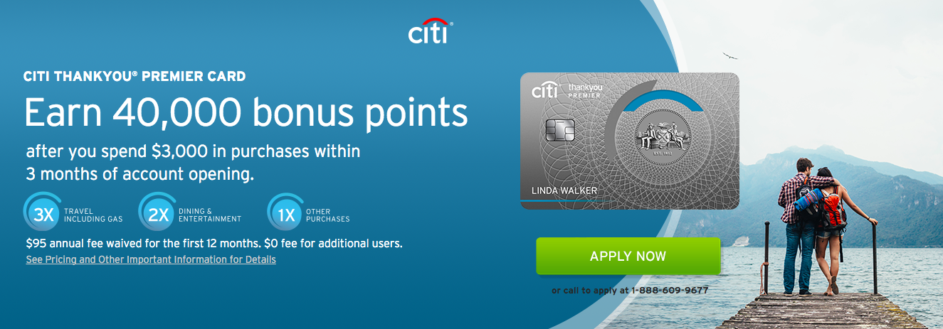 Citibank has dropped the signup bonus on the Citi ThankYou Premier Card to 40,000; the spending requirement remains the same at $3,000 in the first three months (click to enlarge)