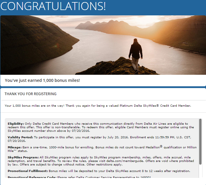 Terms for Delta's "gift" of 1,000 SkyMiles (click to enlarge)