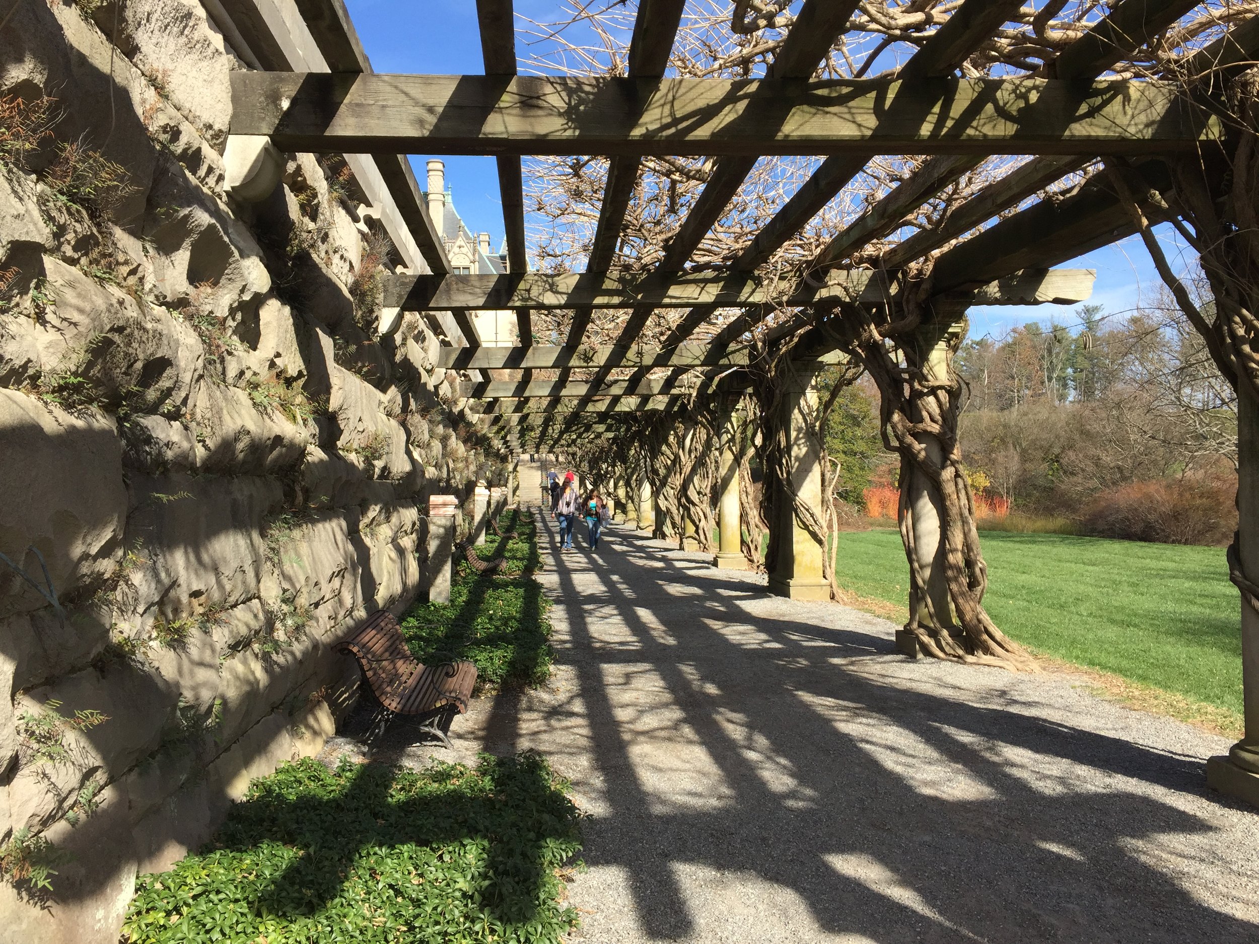 The grounds feature a long pergola adjacent to the house.